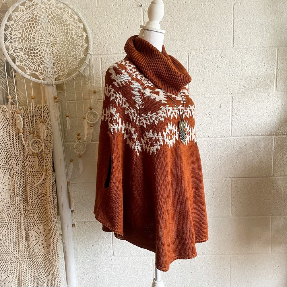 Forever 21 Boho Turtleneck Papaya Orange Poncho Sweater